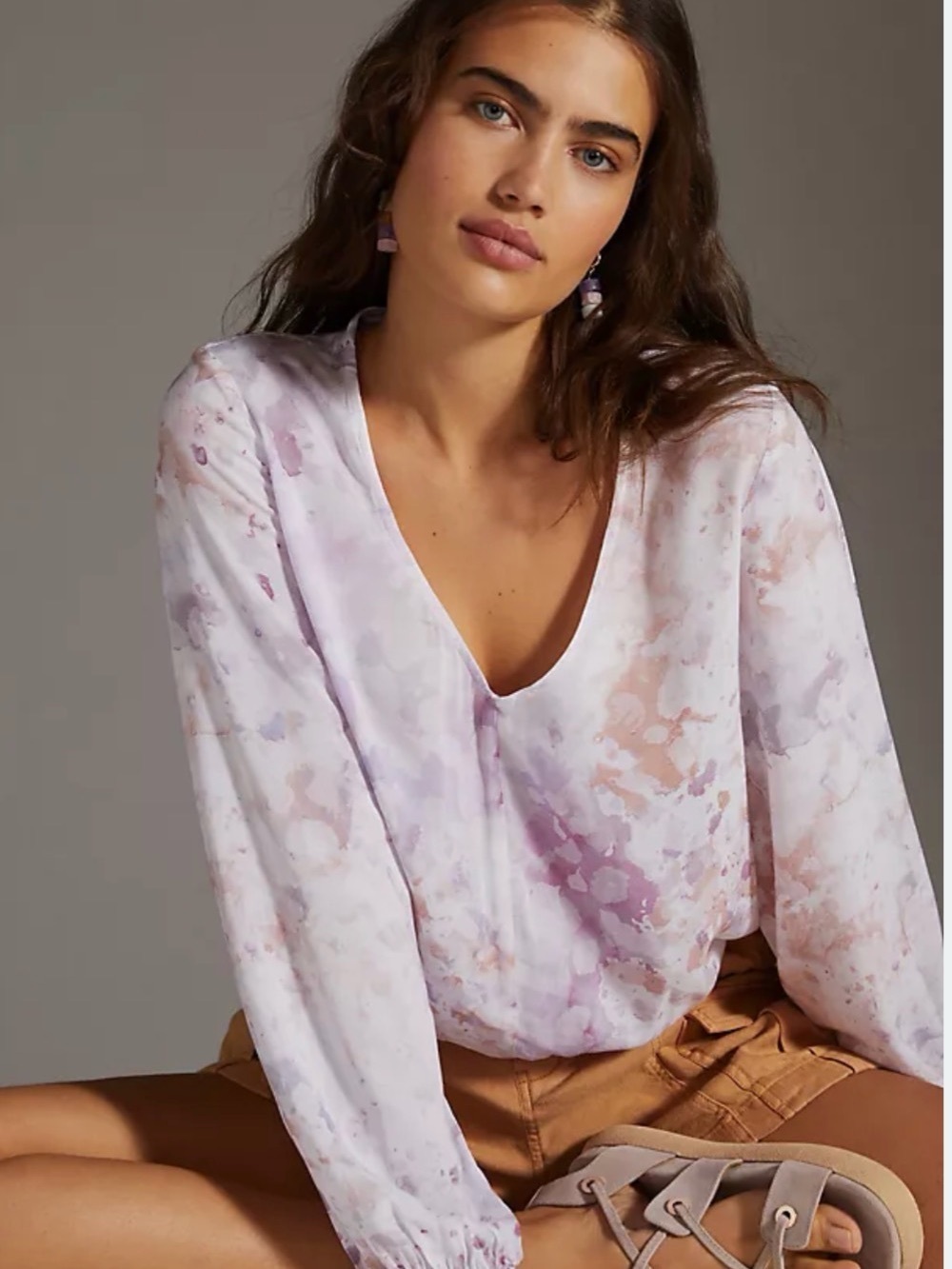 Cloth and Stone anthro Splatter Print V-Neck Top Blouse Long Sleeve Size Small